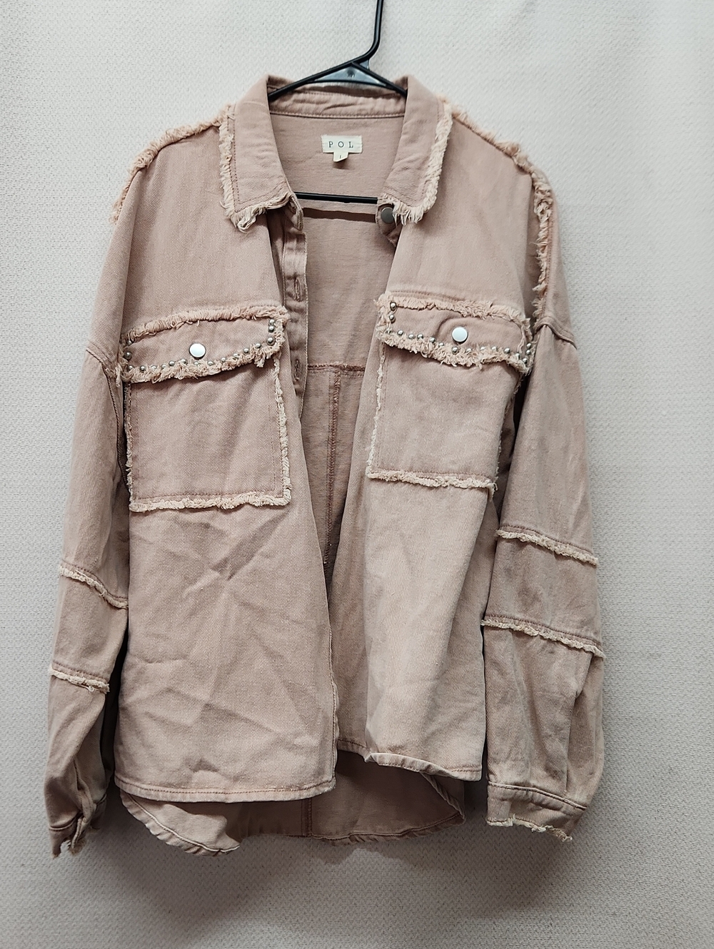 POL Frayed Pocket Jean Jacket in Dusty Rose
